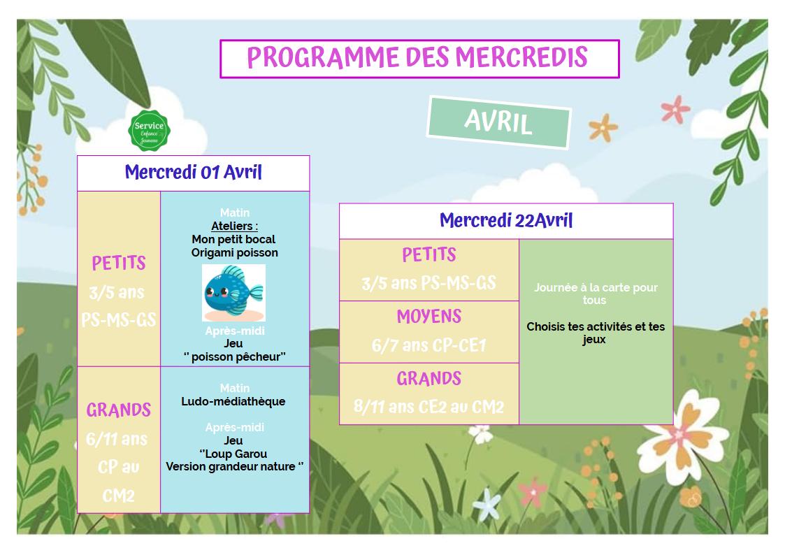 Planning mercredis du 1er avril au 22 avril 2026