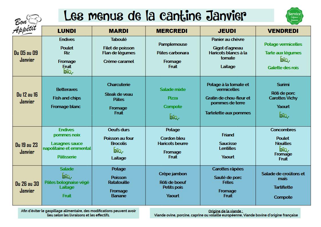 Menus du 5 au 30 janvier 2026