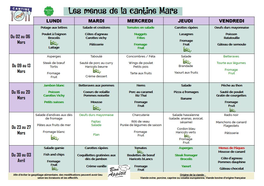 Menus de mars 2026