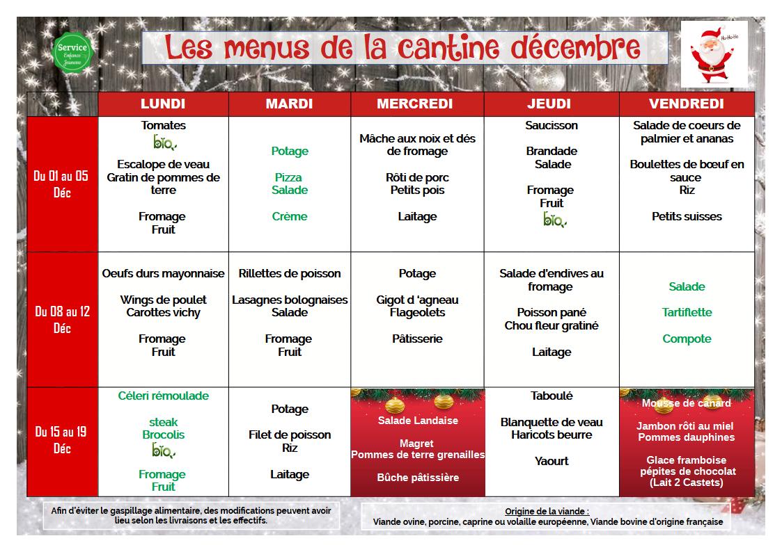 Menus du 1er au 19 décembre 2025