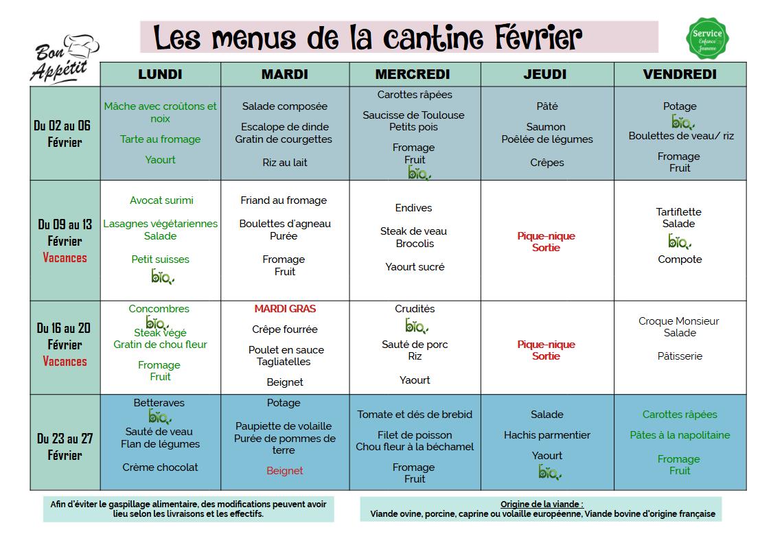 Menus de février 2026