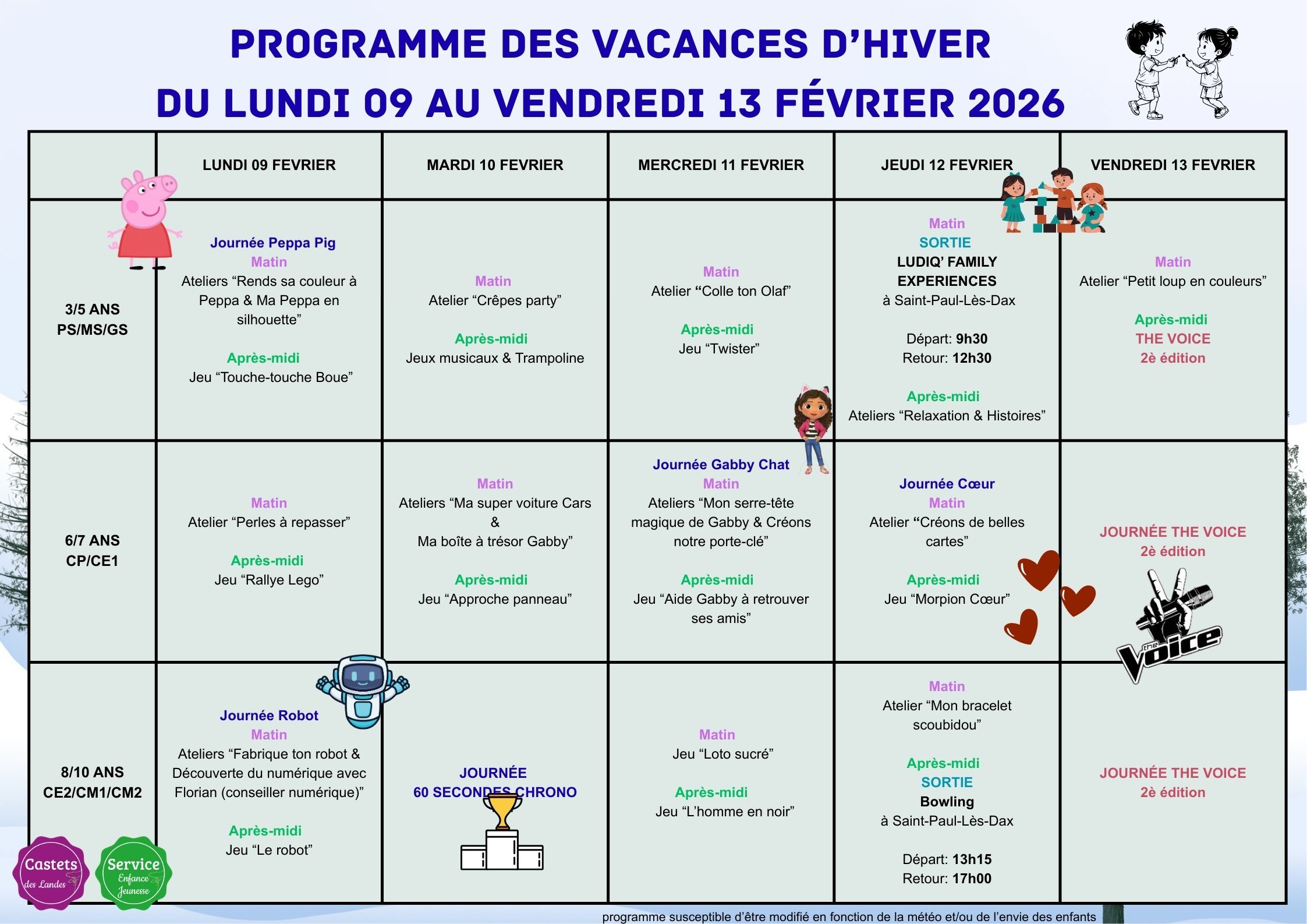 Programme vacances du 9 au 13 février 2026