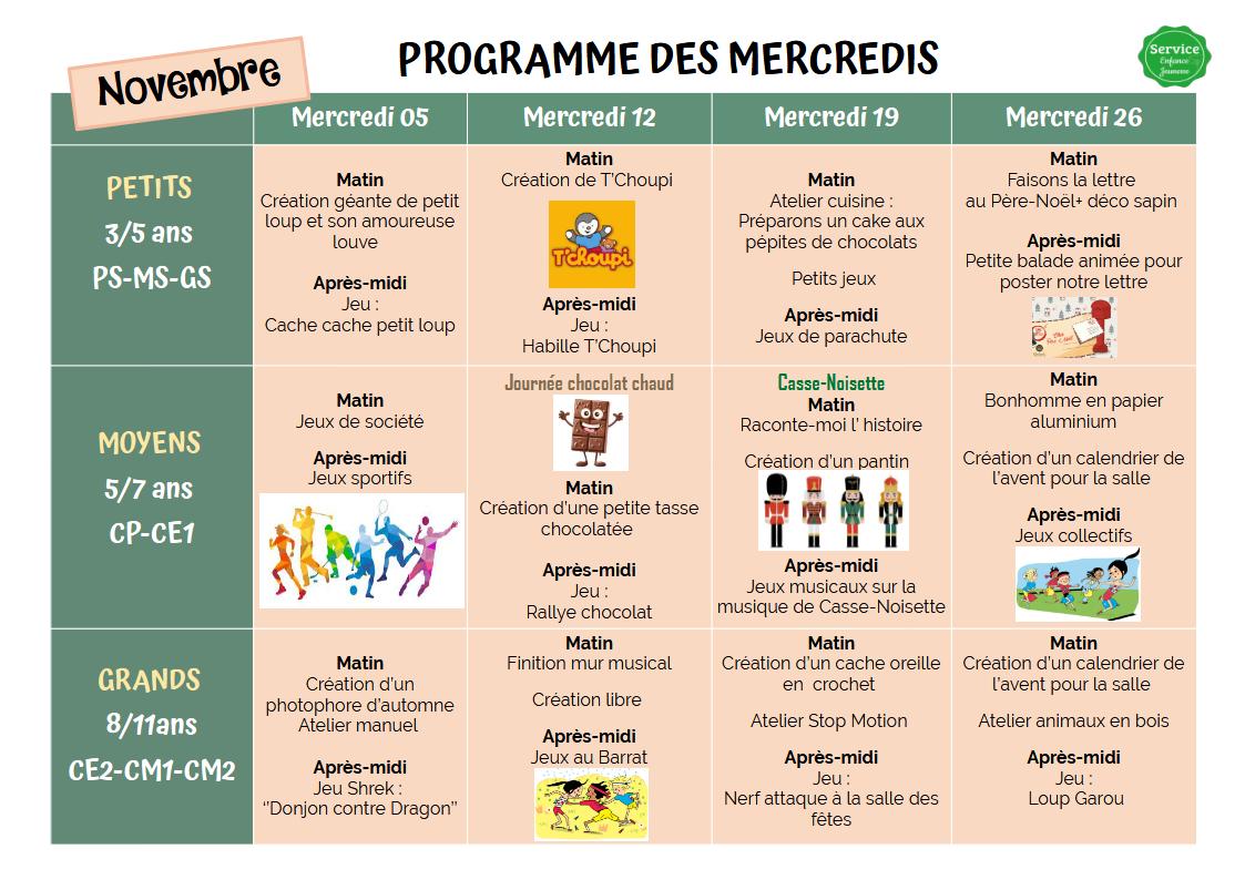 Planning mercredis de Novembre 2025